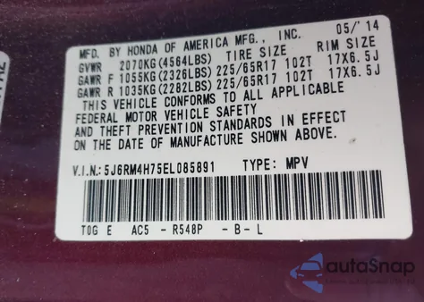 2014 Honda Cr-V Ex-L from USA, damaged, VIN 5J6RM4H75EL085891